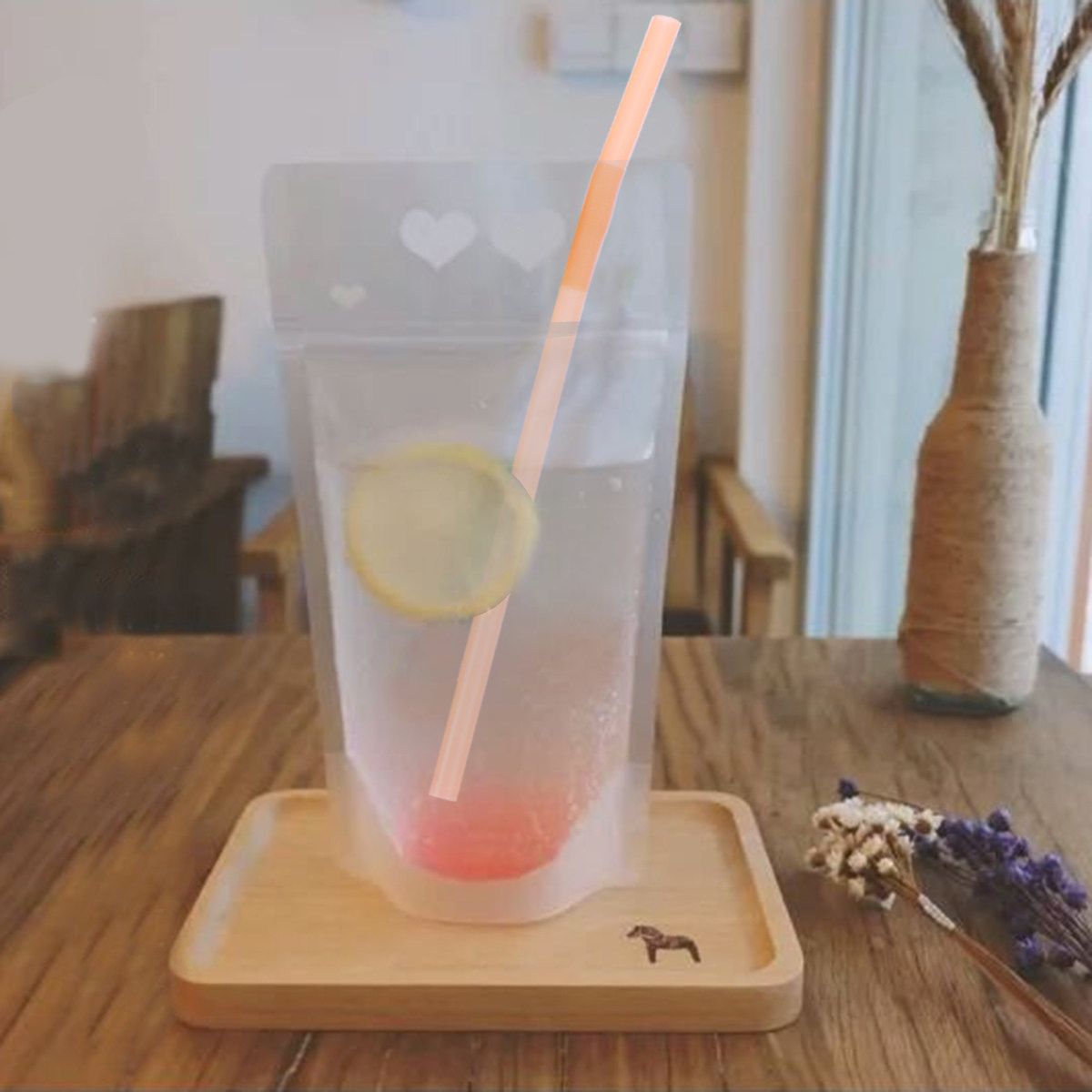 Tea Coffee Set Up - 20個入りプラスチック製ドリンクバッグ、透明で漏れ防止、自立式ドリンクポーチ、パーティー用コーヒー・紅茶容器セット、ドリンクバッグ