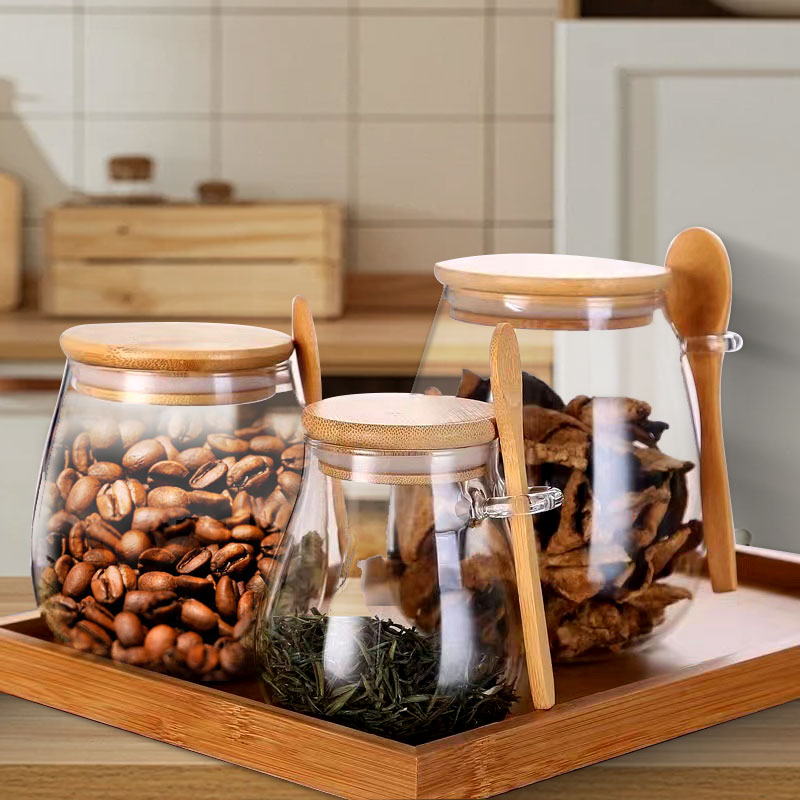 Coffee Tea Sugar Canisters - スプーンと蓋付きのガラスジャー、透明なスパイスジャー、小さな食品保存容器、砂糖、お茶、キッチン、コーヒー、34オンス