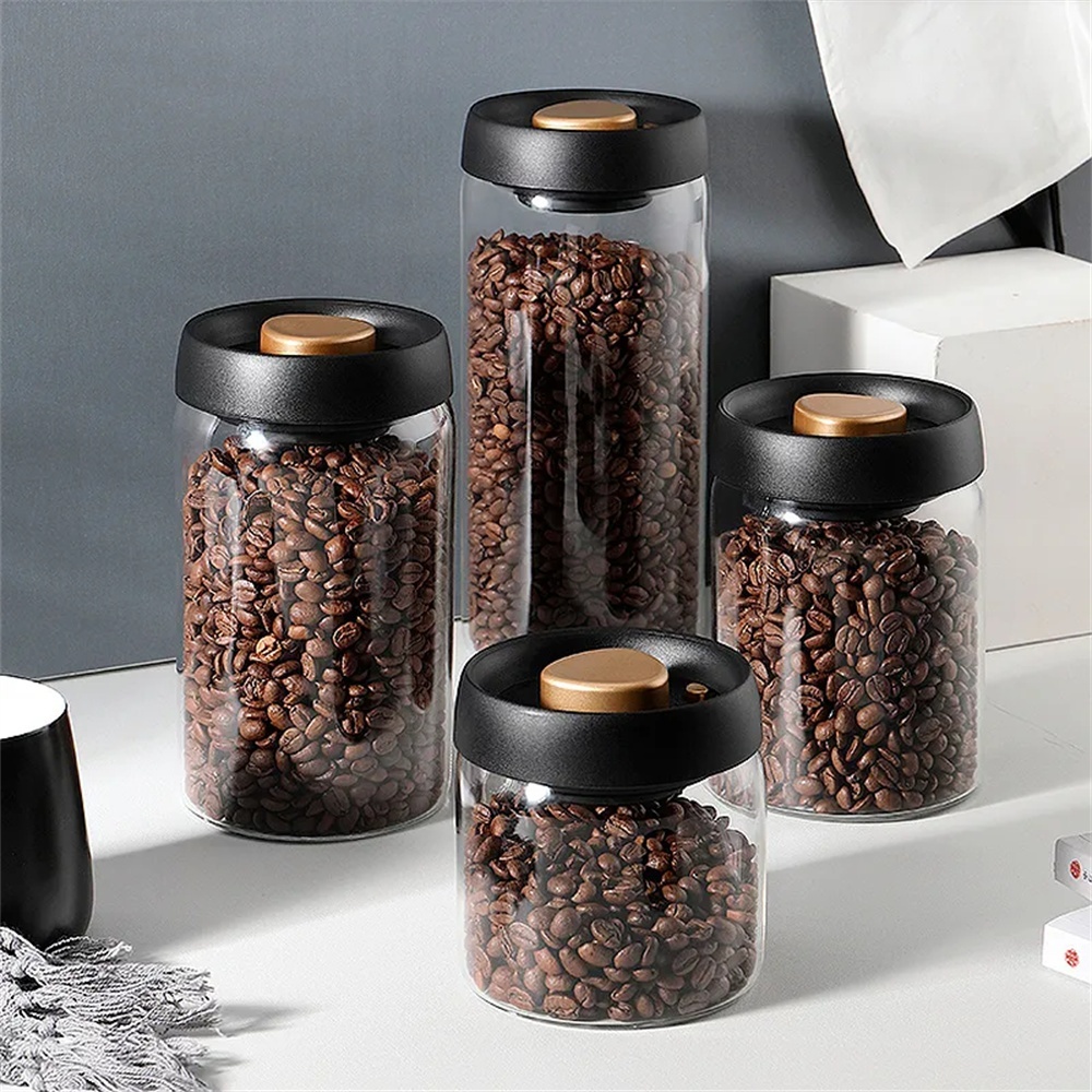 Coffee Tea Press - 1パックコーヒー豆保存容器気密蓋プレスダウン真空ガラスコーヒーキャニスターで密封、食品保存、コーヒー、紅茶