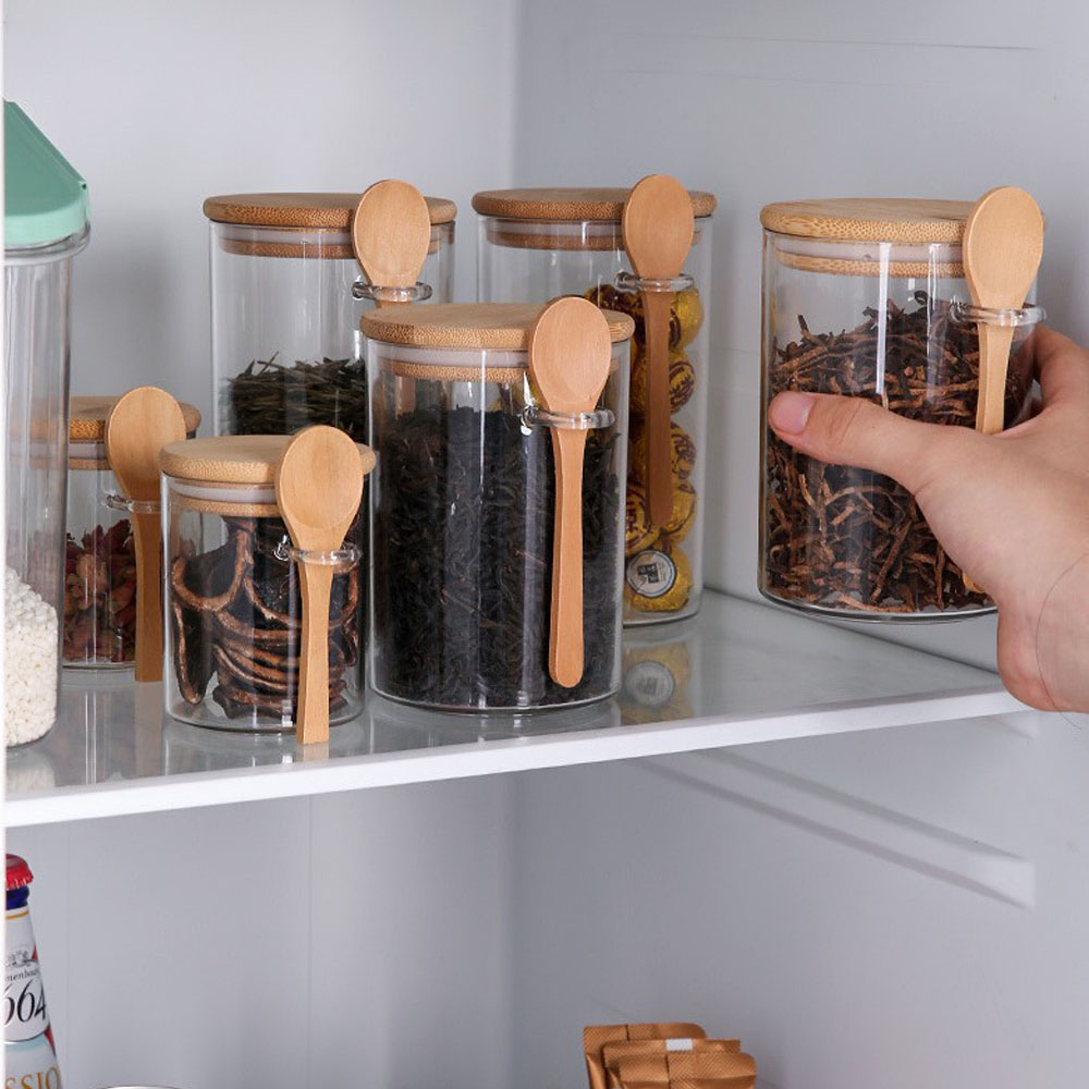 Coffee Tea Sugar Canisters - 気密性のある食品保存用プラスチック容器、木製スプーンと蓋付きのキャニスター、バスソルト、砂糖、スパイス、コーヒー、紅茶用の瓶