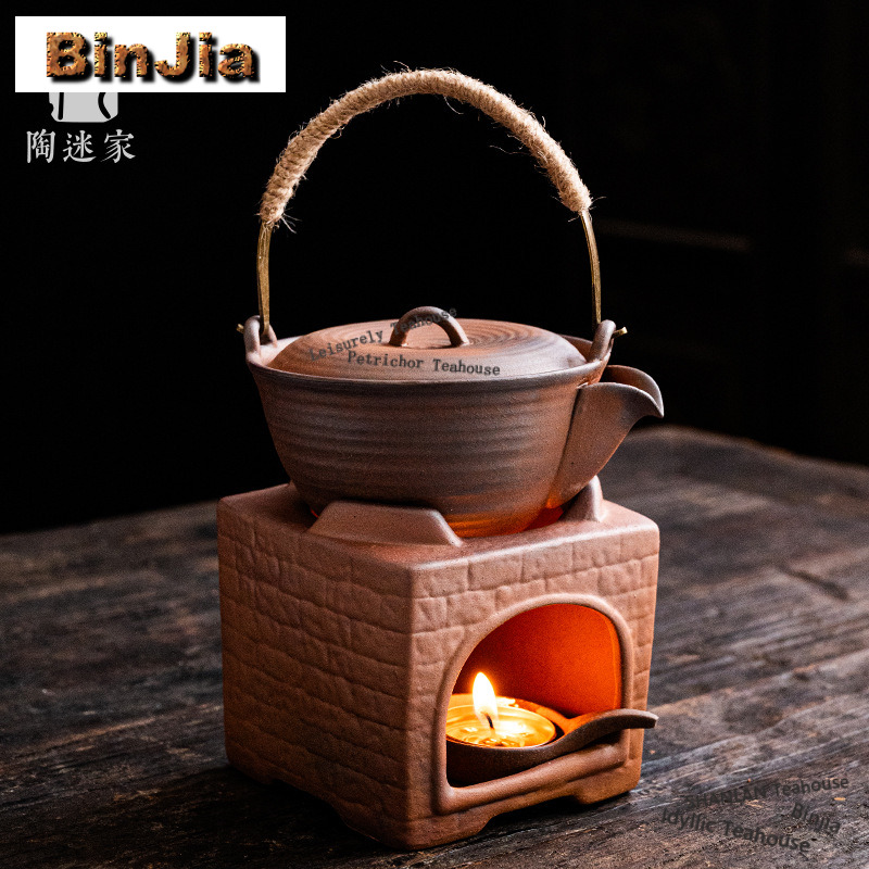 Gongfu Tea Set - 古岩泥温茶ティーポット（取っ手付き）、ストーブセット、茶焙煎＆香り強化キャンドル、直火、功夫茶セット用品