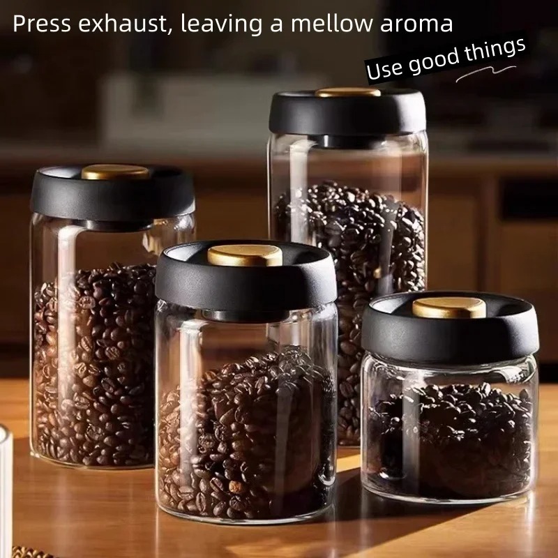 Coffee Tea Box - 手動真空密閉コーヒージャー 高ホウケイ酸ガラス 防湿茶保存容器 キッチンコーヒー用