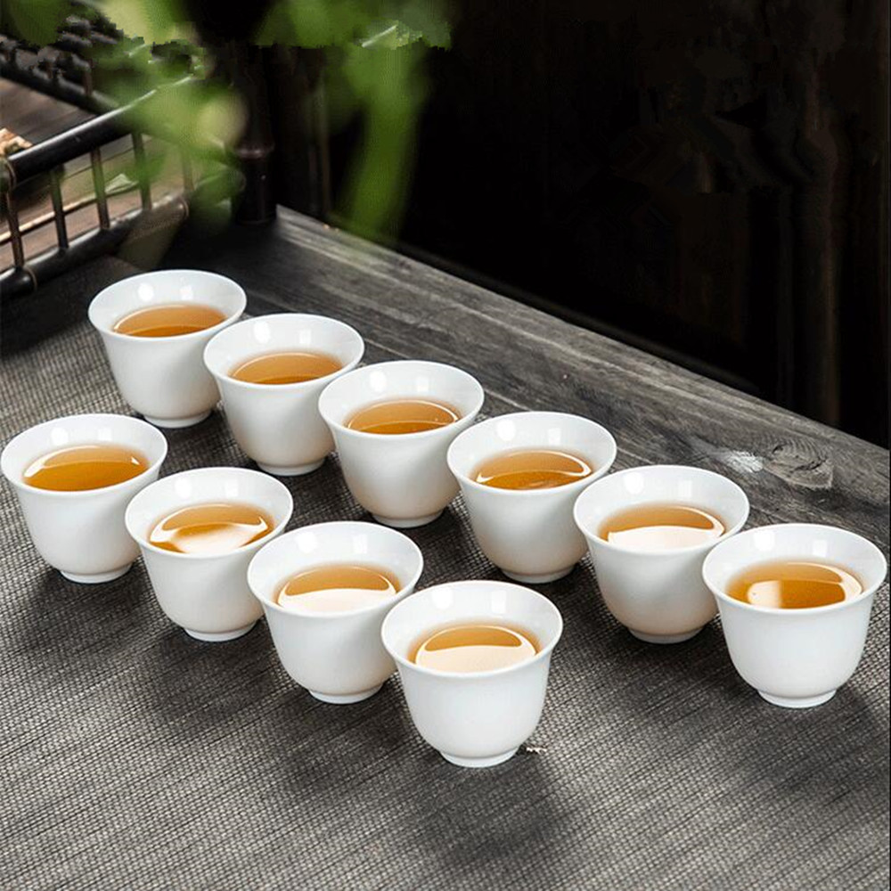 Gongfu Tea Set - 10ピース/パック徳化高白の磁器純粋な白のセラミックティーカップ手作りカンフー茶セット家庭用、簡単なプーアル茶カップセット
