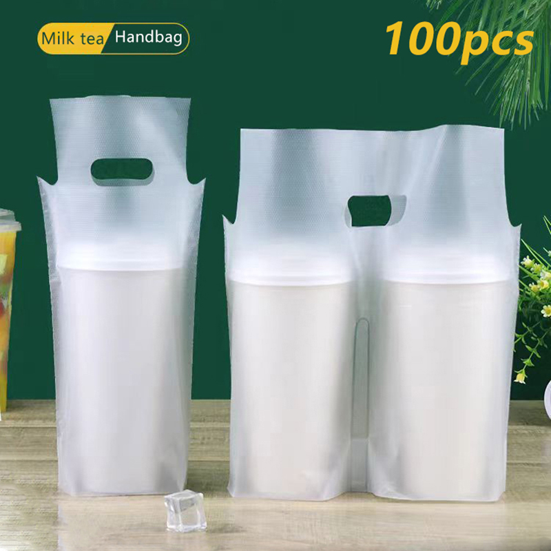 Coffee Tea With Milk - 100 個シングル/ダブルカップミルクティー包装袋つや消し透明使い捨て飲料ビニール袋コーヒーテイクアウトトートバッグ