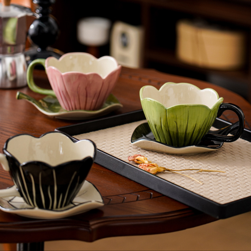 Mug Tea Coffee - 不規則な手描きコーヒーカップ皿セット絶妙なオフィスアフタヌーンティーマグファッションフラワーセラミックマグ葉プレートDrinkwar