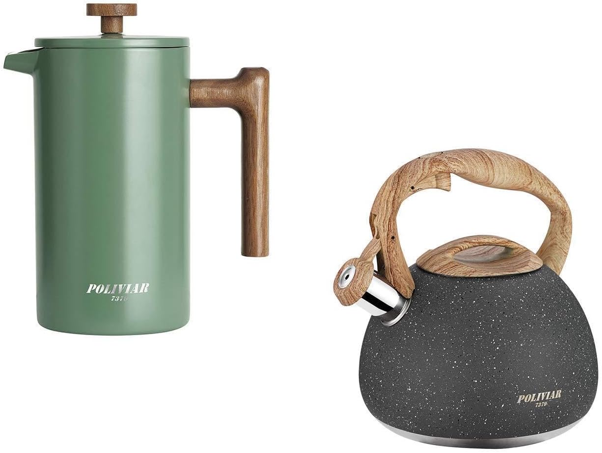 Coffee Tea Press - POLIVIAR 34オンス フレンチプレス コーヒーメーカー＆2.7クォート ティーケトル コンボパッケージ、食品グレードのステンレススチール製で美味しいコーヒーと紅茶を提供