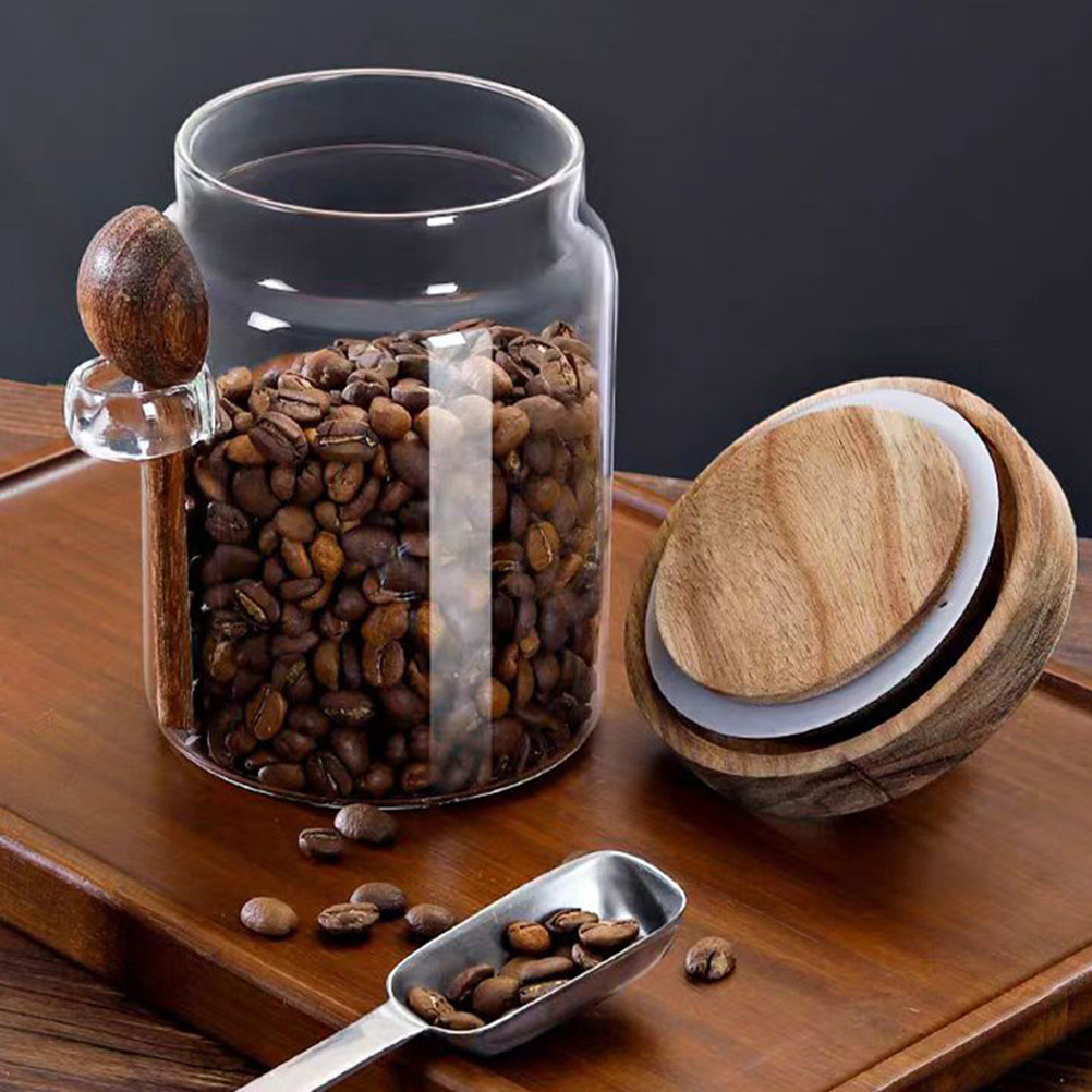 Coffee Tea And Sugar Canisters - ガラス製コーヒー豆保存容器 密閉木製蓋付き 漏れ防止 キッチンキャニスター 茶葉容器 砂糖ホルダー
