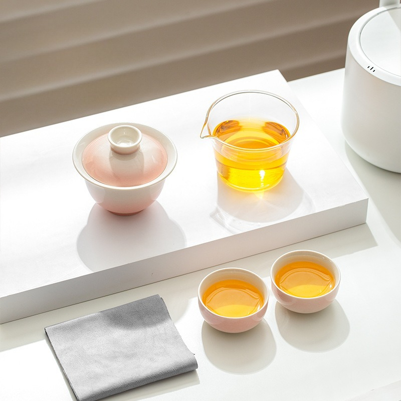 Gongfu Tea Set - 植物灰釉グラデーショントラベルティーセットセラミック功夫セット蓋碗ポータブルカップケトルバッグ付きアウトドア用