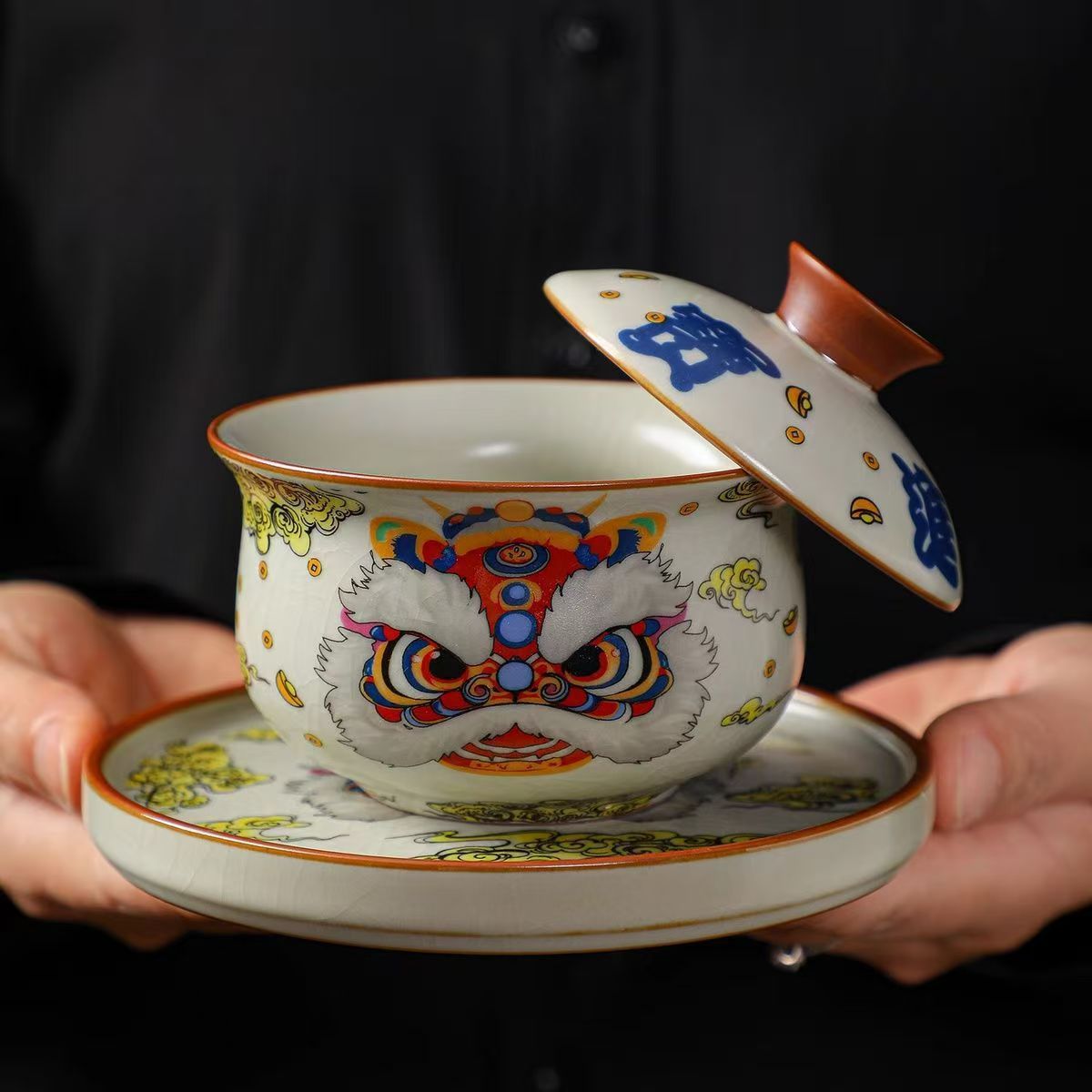Gongfu Tea Set - 伝統的なRu Kiln Gaiwan中国茶器セット幸運の獅子フローティングカップ回転蓋付きセラミック茶器家庭用オフィス用 Gongfu茶