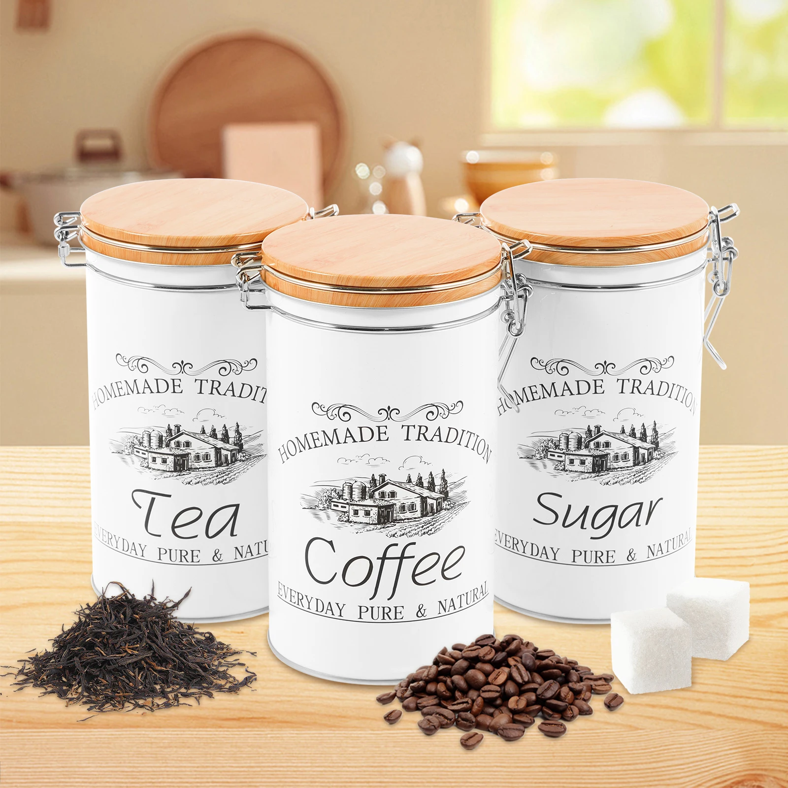 Coffee Tea Sugar Canisters - 3 ピース/セット茶コーヒー砂糖キャニスター金属コーヒー豆保存瓶多用途茶コーヒー砂糖容器キッチン食品用品