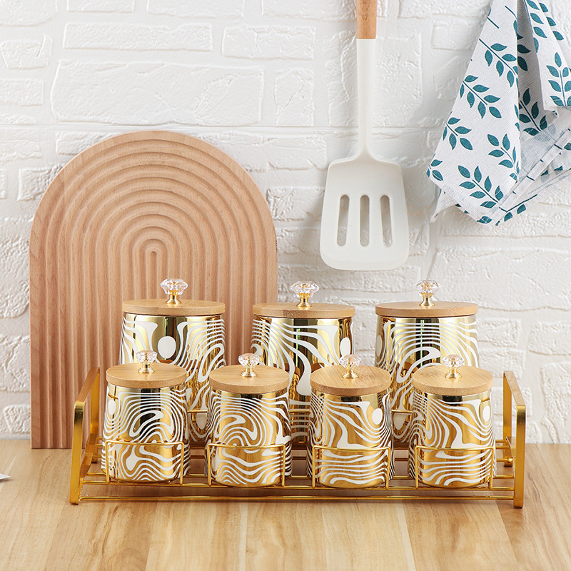 Canister Coffee Sugar Tea - 7 色の釉薬セラミックキッチンキャニスターセットティーコーヒーシュガーキャニスターセットステンレススチールラック付き