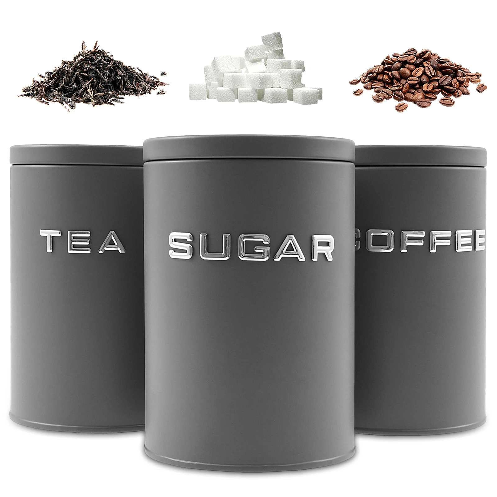 Coffee Tea And Sugar Canisters - 3個セット 茶葉・コーヒー・砂糖用キャニスター 金属製丸型キッチン容器 密閉蓋付き 防湿 コーヒー豆保存容器