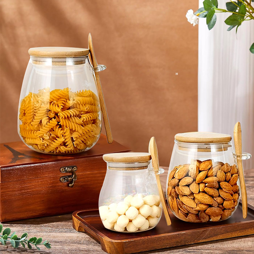 スプーンと蓋付きのガラスジャー、透明なスパイスジャー、小さな - Coffee Tea Sugar Canisters のレビューと価格