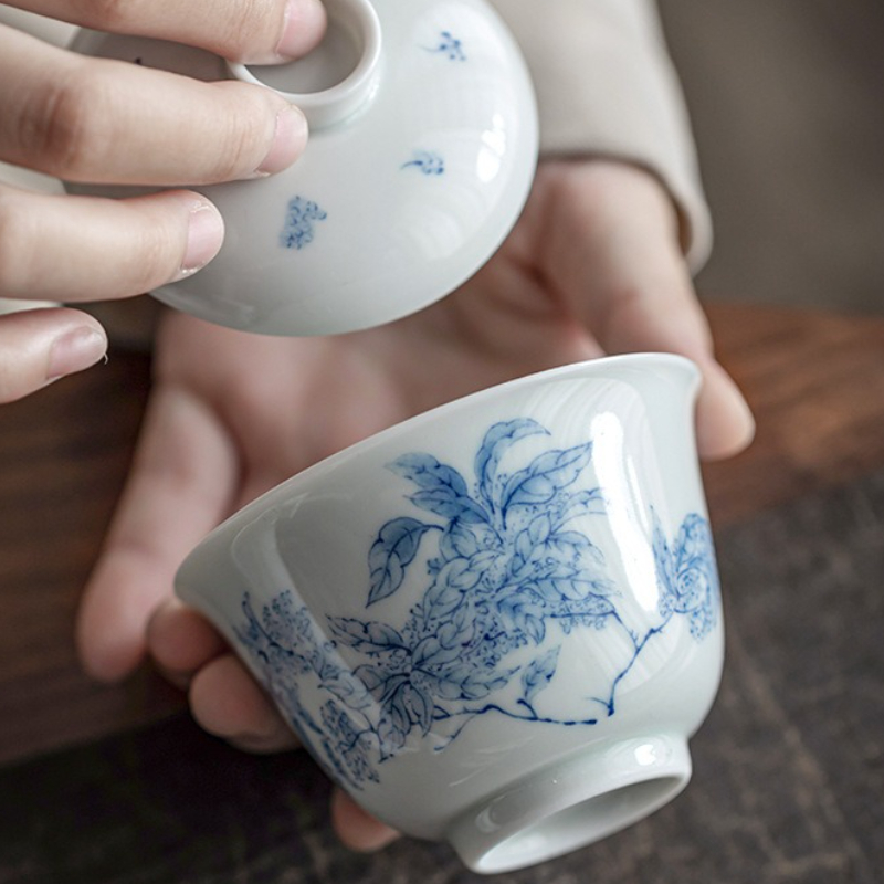 アンティークブルーホワイト磁器ガイワン手描きジャスミン花柄セ - Gongfu Tea Set のレビューと価格