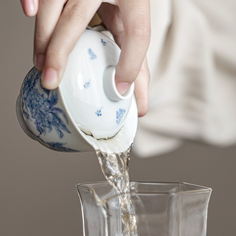 アンティークブルーホワイト磁器ガイワン手描きジャスミン花柄セ - Gongfu Tea Set のレビューと価格