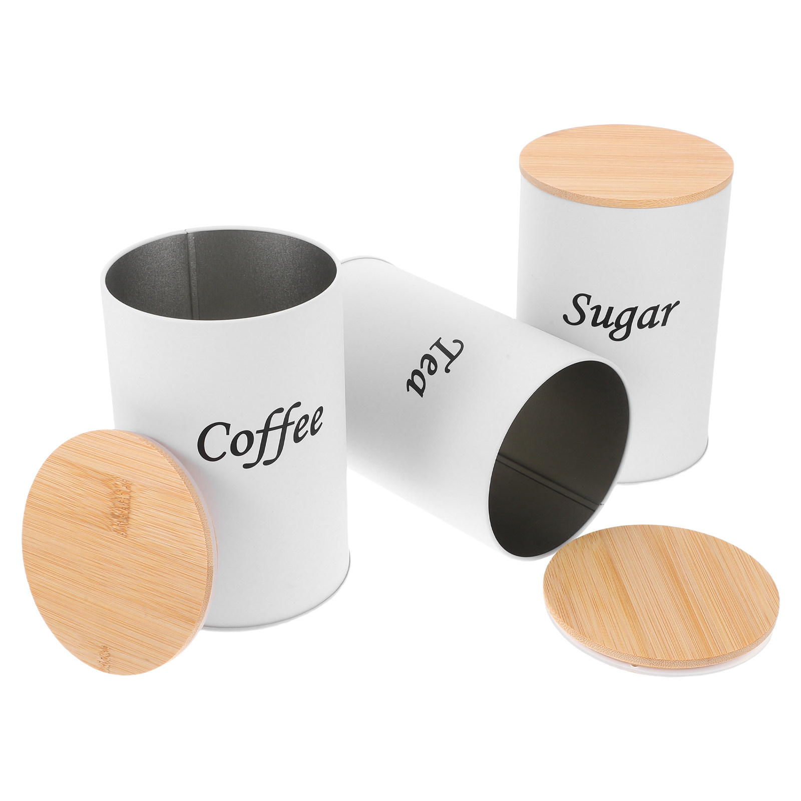 3個セット 密閉丸型キャニスター 亜鉛メッキ鉄製 竹製蓋付き - Coffee Tea And Sugar Canisters のレビューと価格