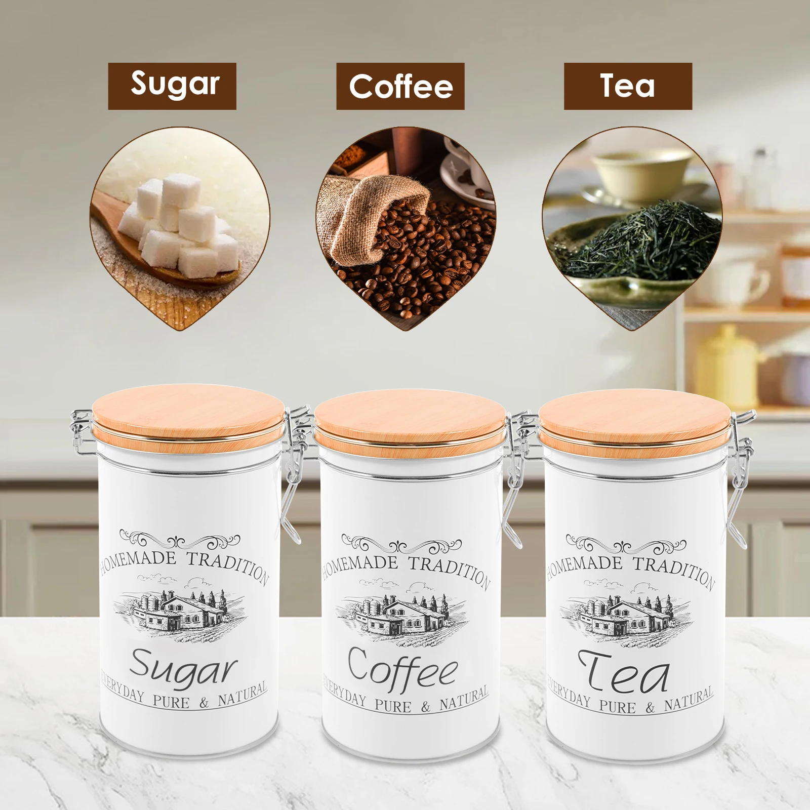 3個セット 茶葉・コーヒー・砂糖用キャニスター 金属製コーヒ - Coffee Tea And Sugar Canisters のレビューと価格