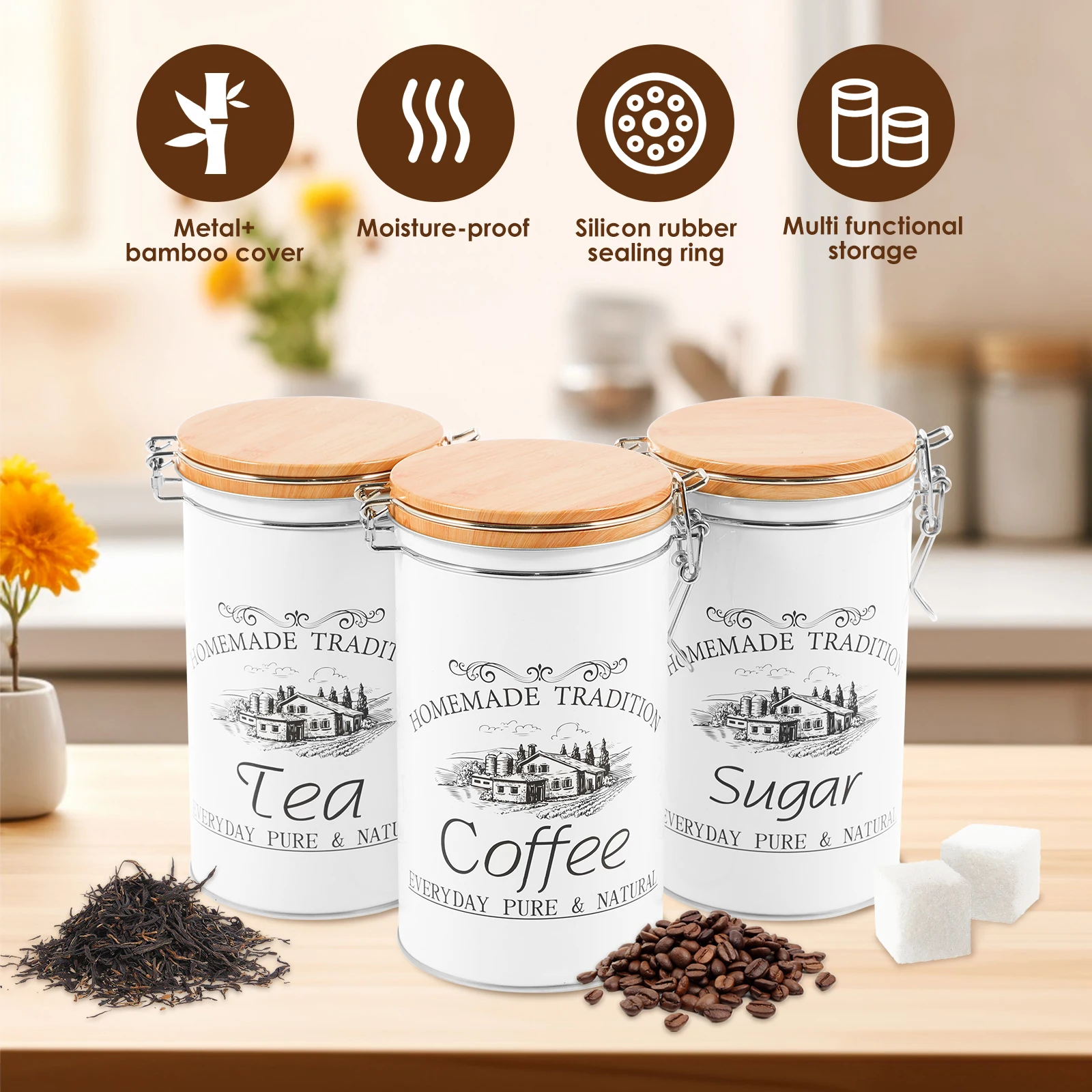 3個セット 茶葉・コーヒー・砂糖用キャニスター 金属製コーヒ - Coffee Tea And Sugar Canisters のレビューと価格