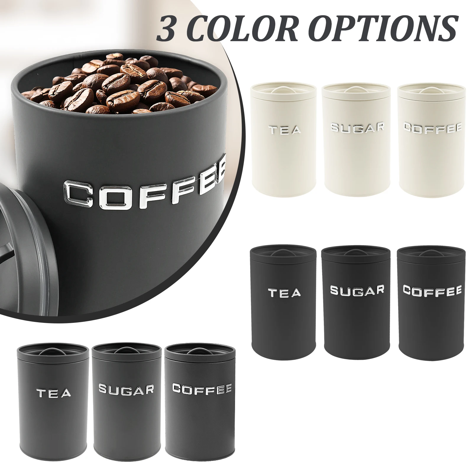 3個セット 茶葉・コーヒー・砂糖用キャニスター 金属製丸型キ - Coffee Tea And Sugar Canisters のレビューと価格